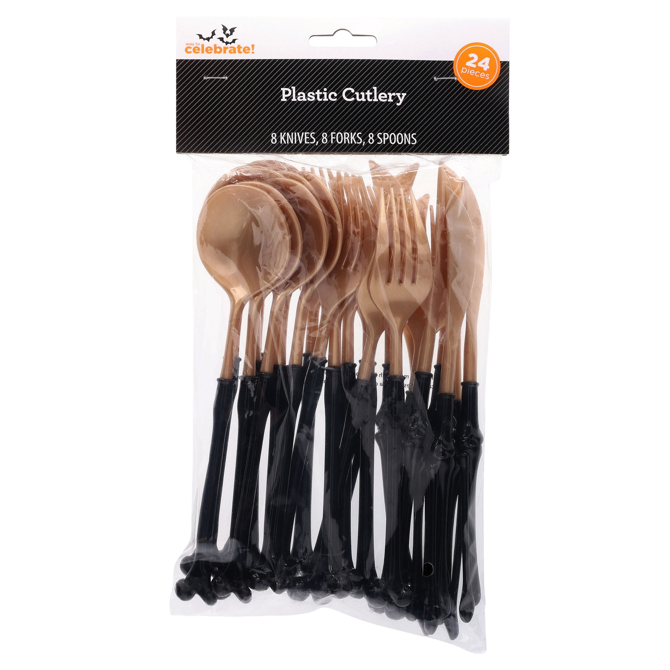 Bone Handle Plastic Disposable Cutlery Set, Gold and Black, 24 Pieces, Halloween by Way To Celebrate