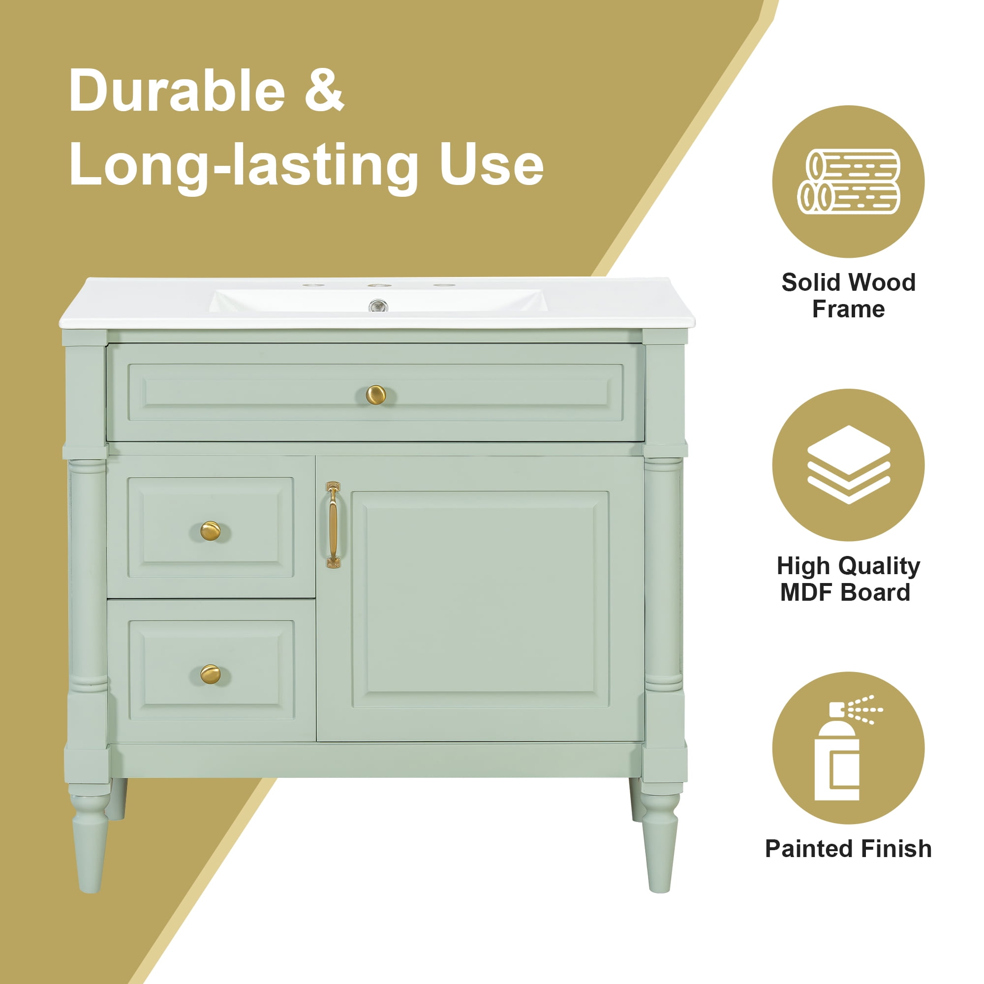 DTTRA 36" Modern Freestanding Bathroom Vanity with Ceramic Sink, Flip Drawer & Adjustable Shelf, Green