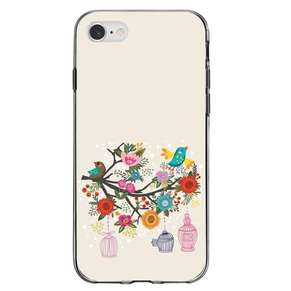 DistinctInk Clear Shockproof Hybrid Case for iPhone 7 8 SE (2020 Model) 4.7" Screen TPU Bumper Acrylic Back Tempered Glass Screen Protector - Spring Collection - Floral Birds Teal Red