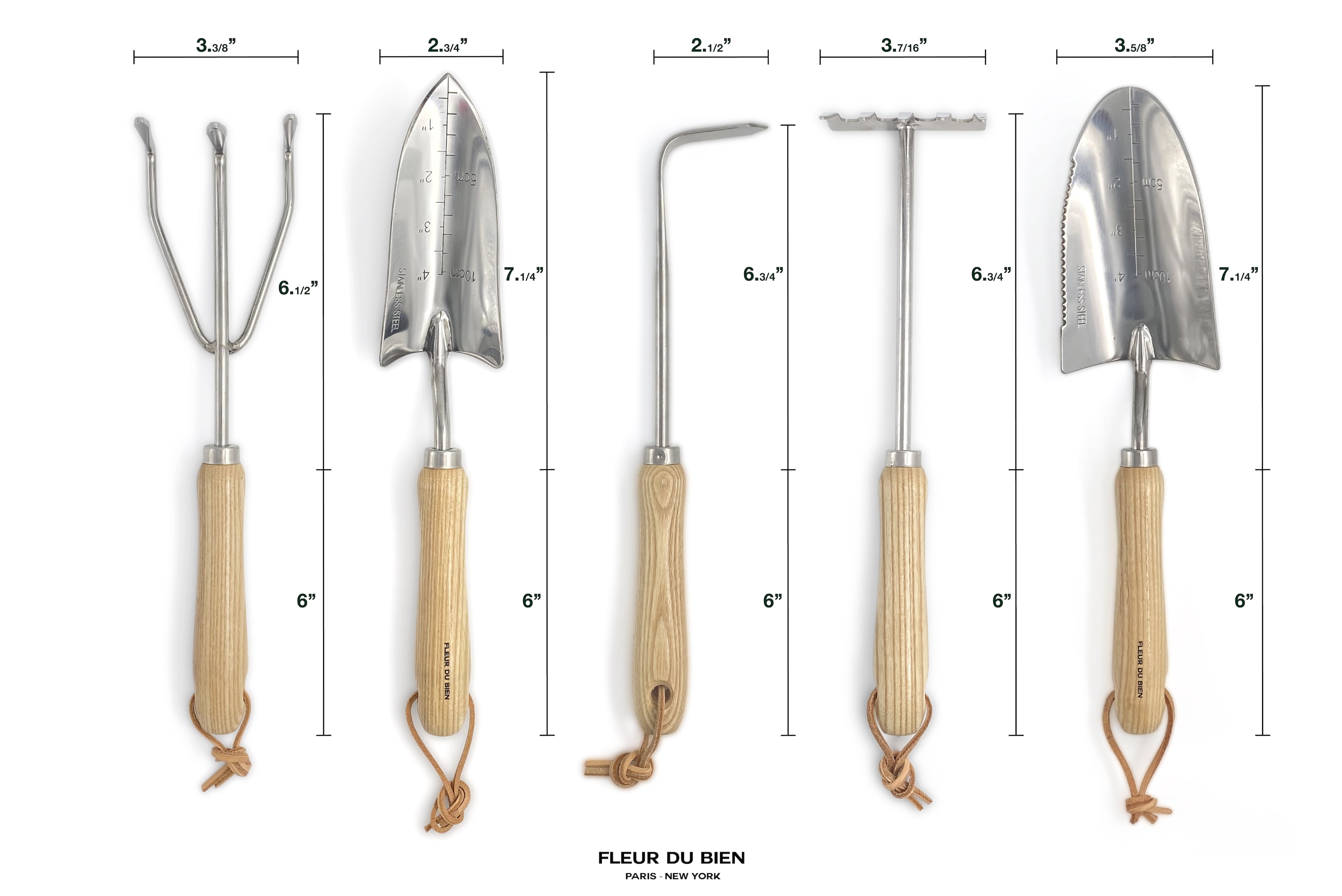 FLEUR DU BIEN 6 Piece Stainless Steel Heavy Duty Garden Tools Set, with Ash Wood Handle and Non-Slip Rubber Grip Pruner, Premium Canvas and Leather Storage Tote Bag, Outdoor Hand Tools, Garden Gift