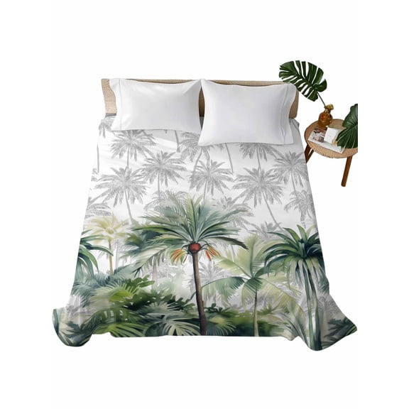 Summer Tropical Leaves Flat Sheets Only Full Size, Soft Breathable Bed Top Sheets for Mattress, Green Botanical Palm Trees Luxury Bedding Flat Sheets for Home Hotel Bedroom Bed Protection