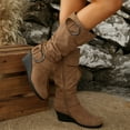 thumbnail image 4 of Rokment Slouchy Buckles Mid Calf Dress Boots for Women Ladies Fall Winter Trendy Round Toe Wedge High Heels Wide Calf Tall Boots Khaki Size 7.5, 4 of 6
