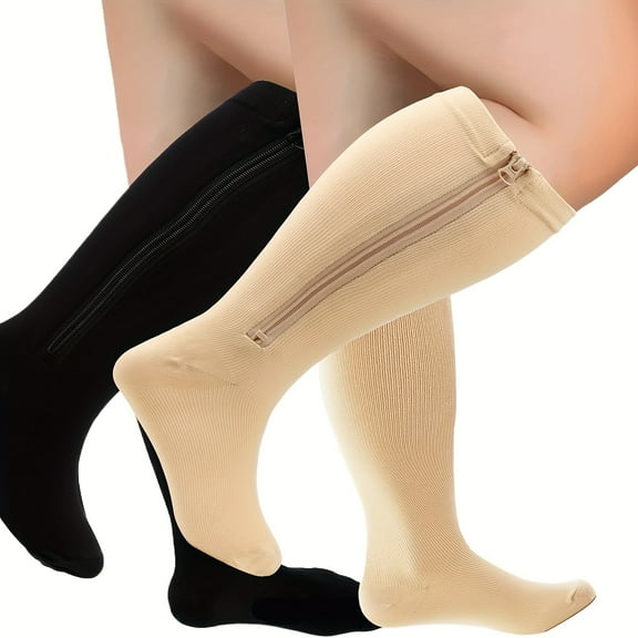 2 Pairs Plus Size Zippered Compression Socks for Men & Women - Extra Wide Calf Support, Knee-High Stockings for Running & Cycling, 2XL-4XL