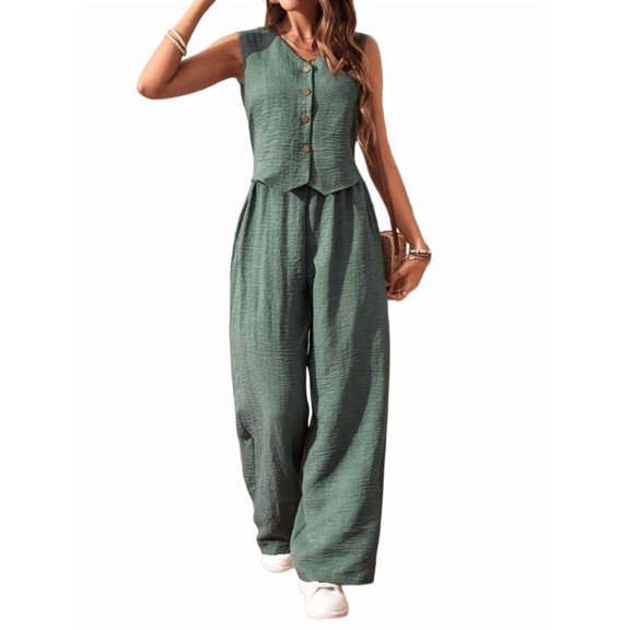 Women'S 2 Piece Outfits Linen Vest Waistcoat Dressy Casual Sets Wide Leg Pants Suits  Green XL