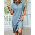 thumbnail image 3 of Ladies Summer Solid Color Slit Midi Dress Light Blue L, 3 of 7