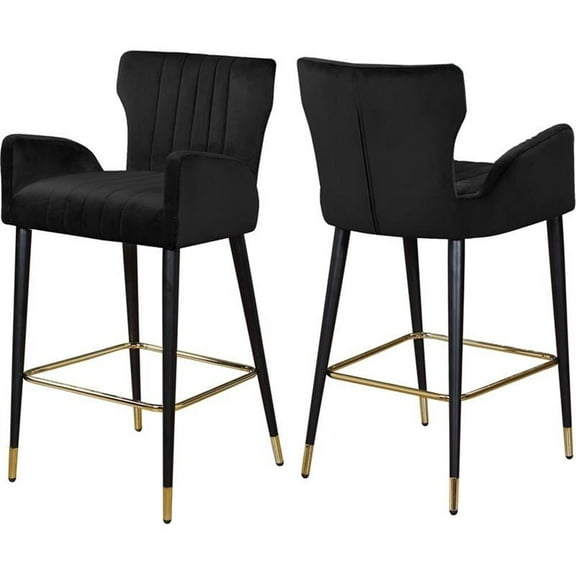 Maklaine Velvet Bar Stool Chair Set of 2 in Black - Semi-circle Seat & Footrest
