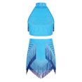 thumbnail image 5 of YiZYiF Kids Girls Latin Dance Dress Rhinestone Fringe Crop Top and Tassel Skirt Ballroom Tango Jazz Dance Outfit Light Blue 12, 5 of 6