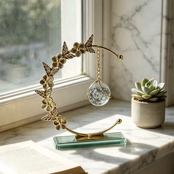 Crystal Ball Ornament | Gold Metal Sphere Decorative Figurine | Holds Desktop Display | Home Living Room Study Porch Wine Cabinet Shelf Decor