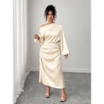 thumbnail image 6 of Apricot Satin Asymmetric Cowl Neck Ruched Waist A-Line Midi Dress, 6 of 6