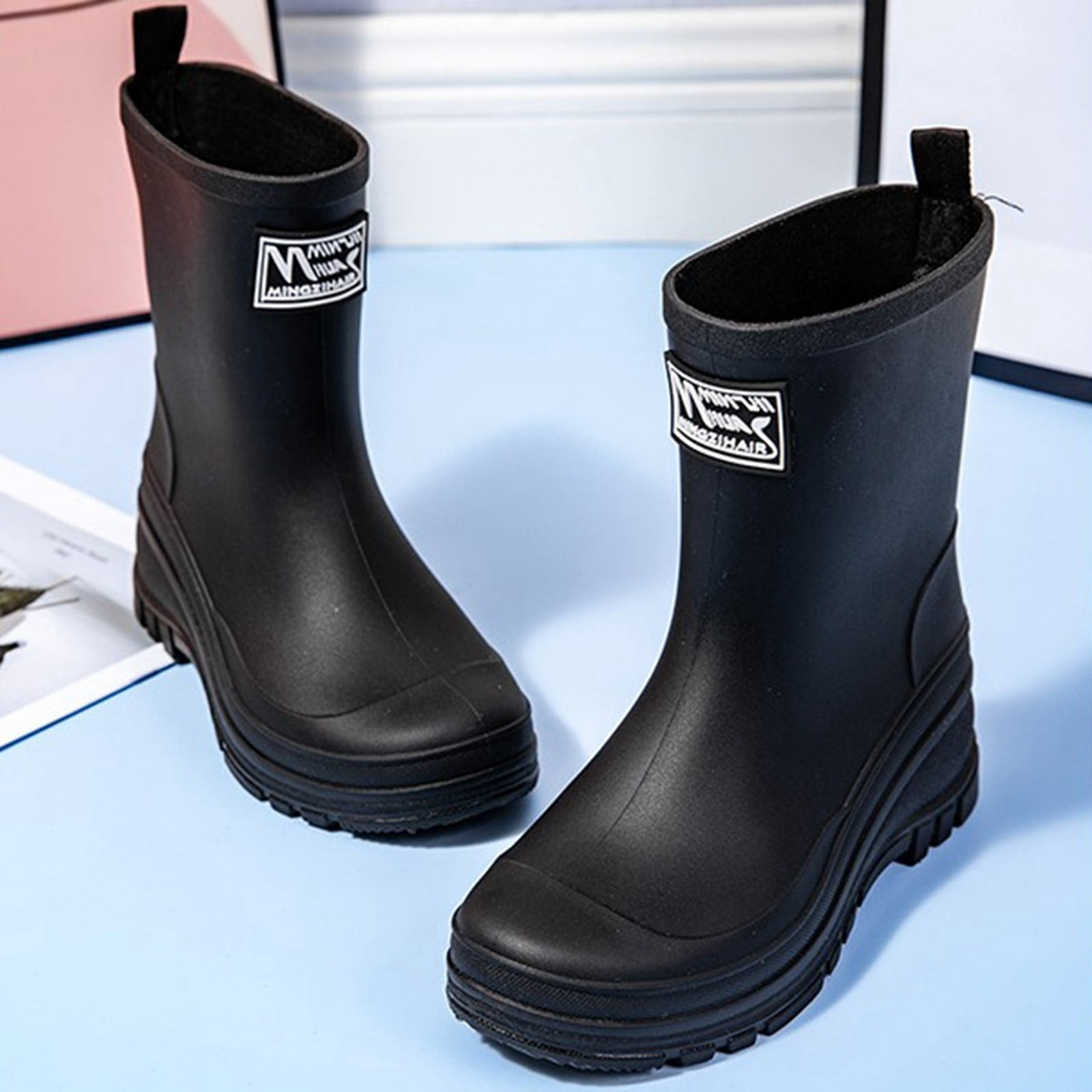 Rain Boots for Women Waterproof Mid Calf Rain Boots Wide Calf Garden Shoes Womens Rain Boots (Black 7)