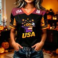 thumbnail image 2 of Domzest Women's USA Pumpkin Soccer Jersey Halloween Elements Raglan V Neck Shirts Color Block Short Sleeve Tee Soccer Viewing, Outdoor & Halloween Gatherings Purple M, 2 of 5