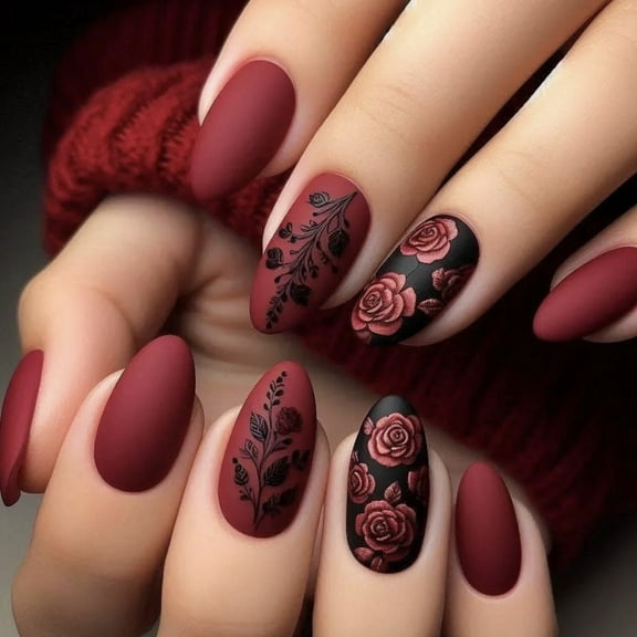Wine Red Rose Pattern Printing Nail Stickers