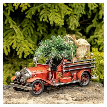 Vintage Style 16" Long Metal Firetruck Decoration with Christmas Tree