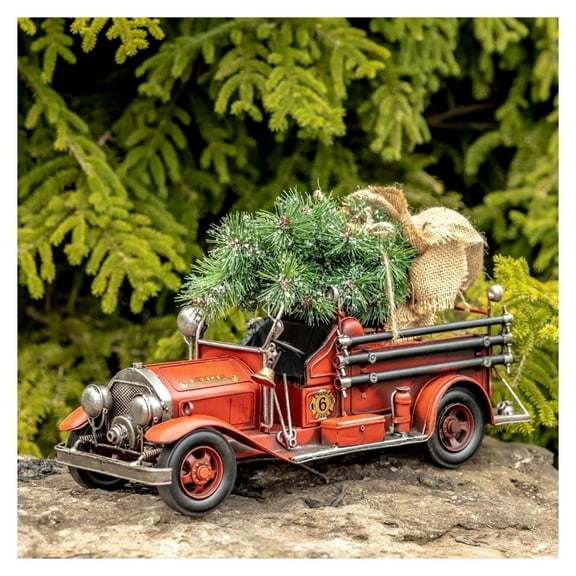 Vintage Style 16" Long Metal Firetruck Decoration with Christmas Tree