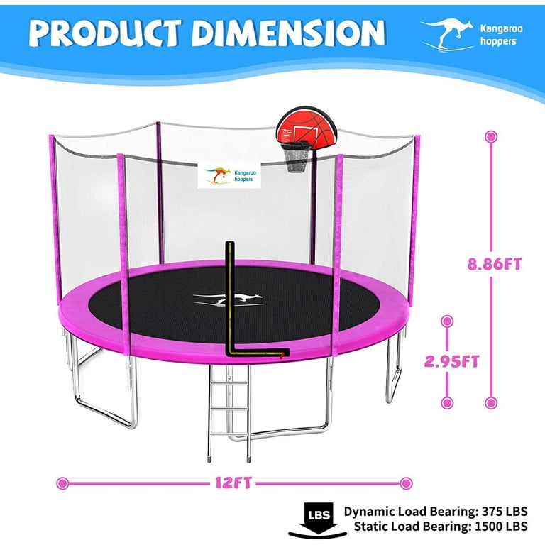 Kangaroo Hoppers 12FT Kids Trampoline, 1500LBS, Basketball Hoop