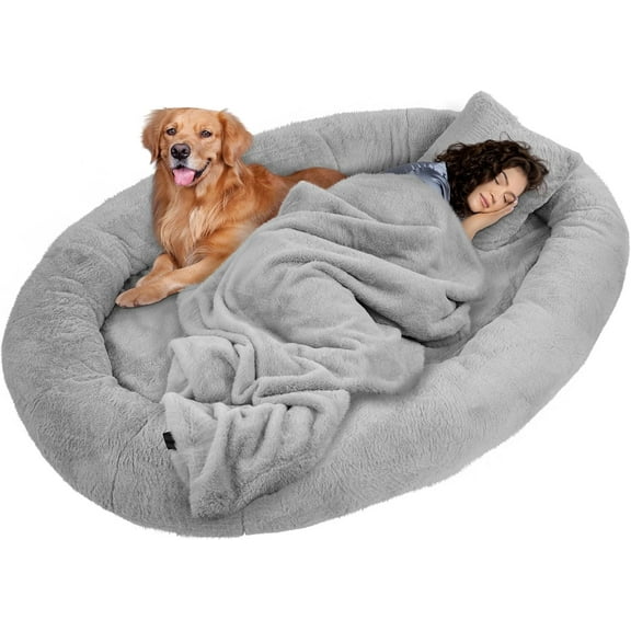 Elevon Extra Large Dog Bed 71"x47"x12" – Premium Washable Faux Fur Pet Bed with Soft Blanket & Pillow, Removable Memory Foam Mattress, Non-Slip Bottom, Gray