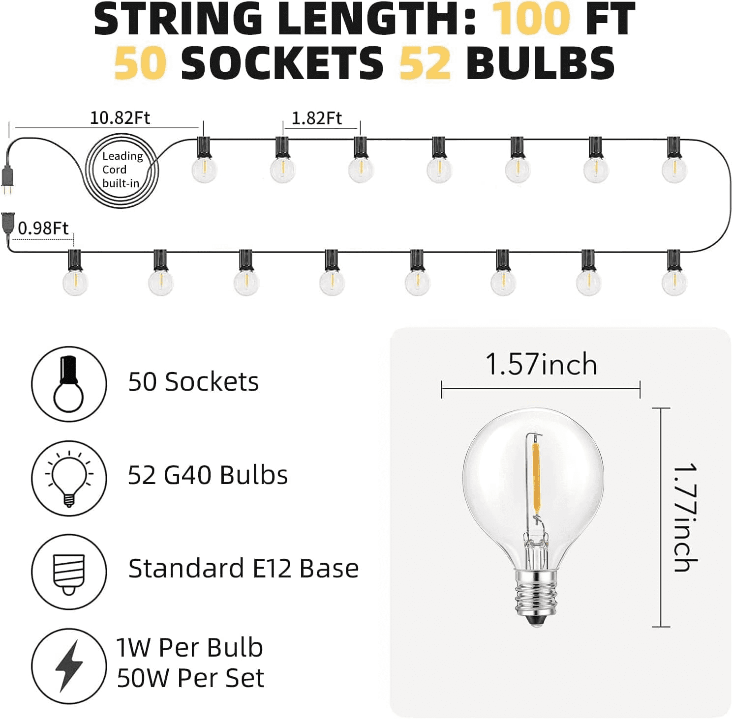 Yuucio Outdoor String Lights 100ft, G40 Led Patio Lights with 52pcs Bulbs,Waterproof Shatterproof Dimmable Hanging