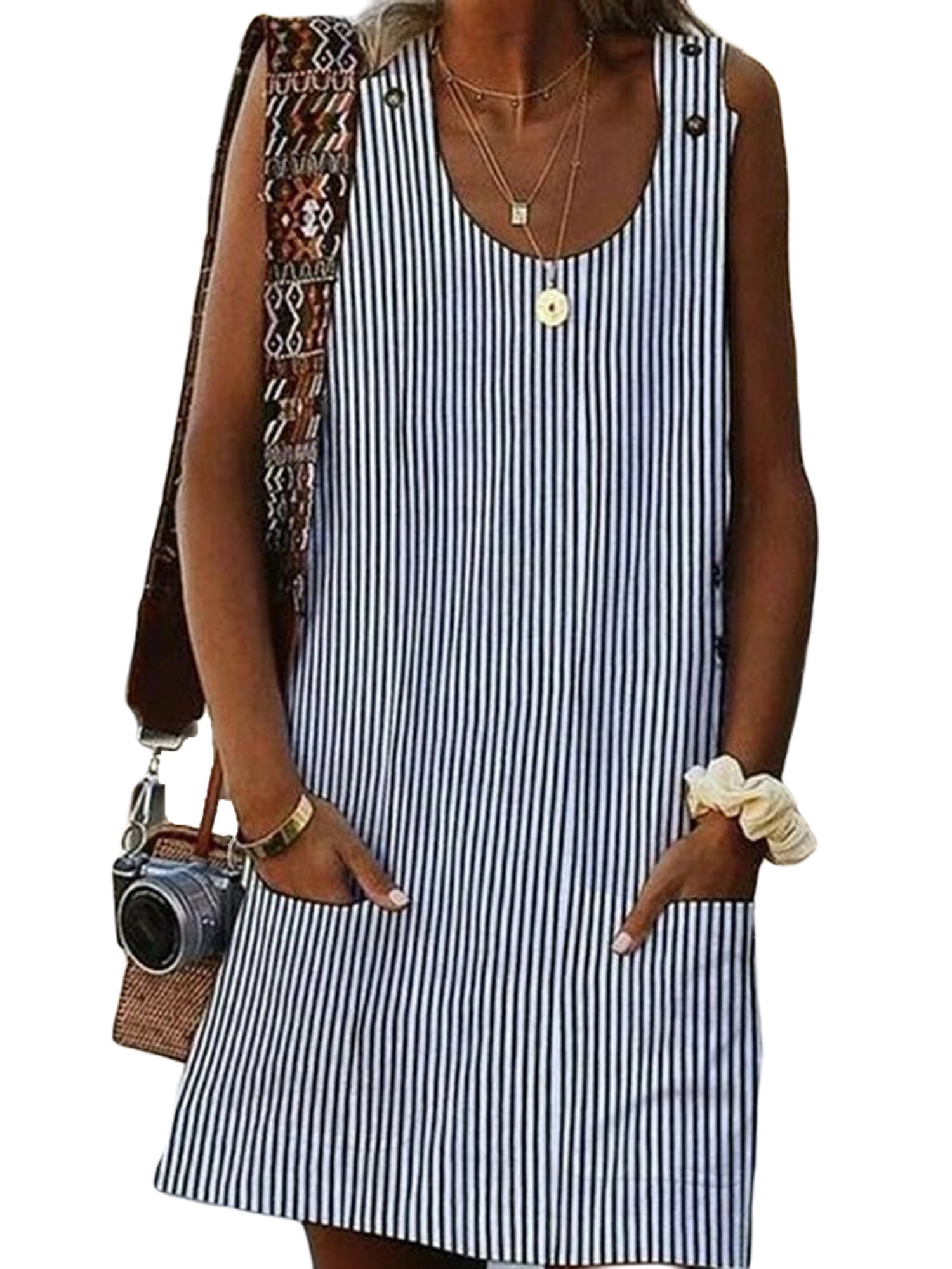 Womens Shirt Dresses Sleeveless Pocket Ladies Summer Beach Dress Plus ...