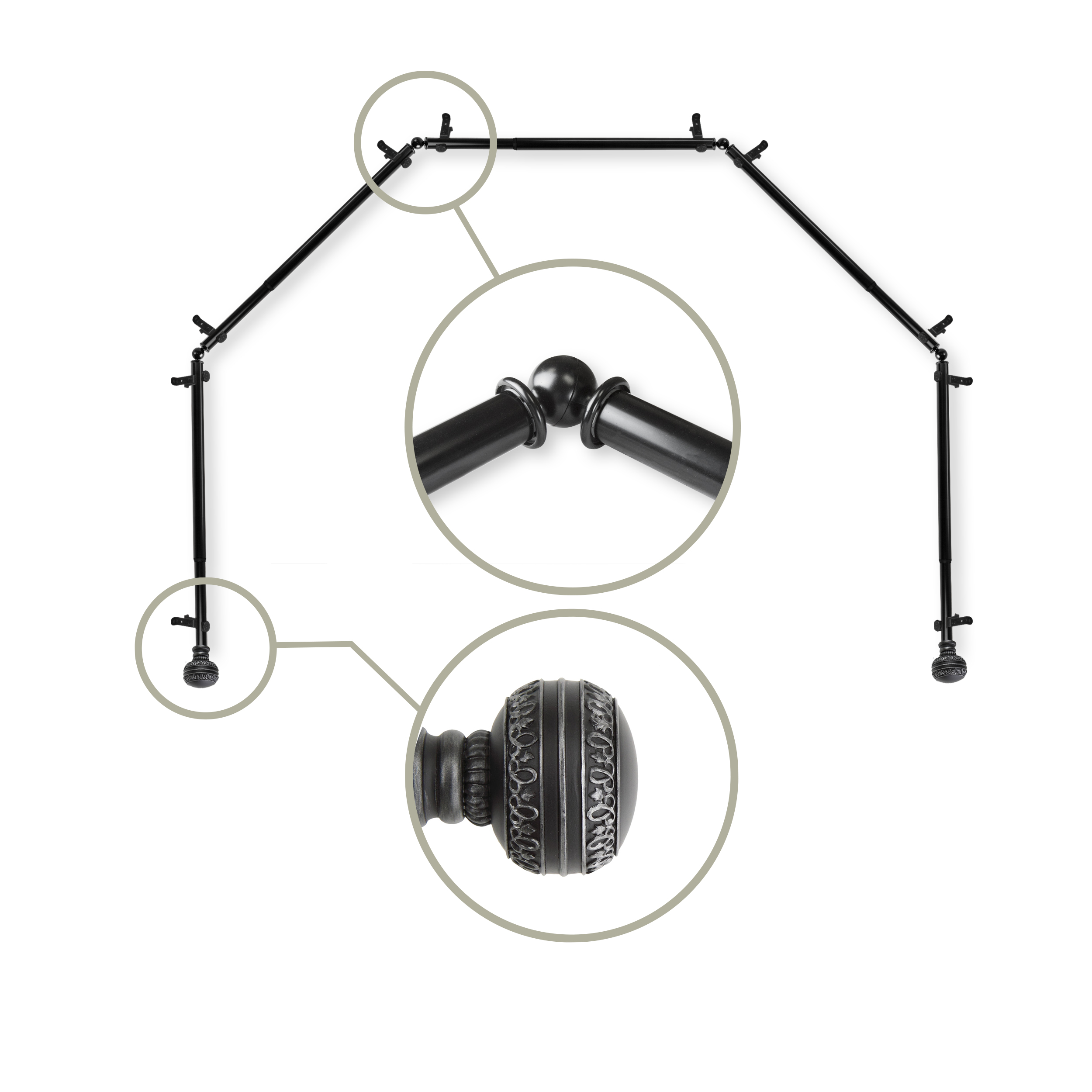 Ornament 13/16 5-Sided Bay Window Curtain Rod - Black