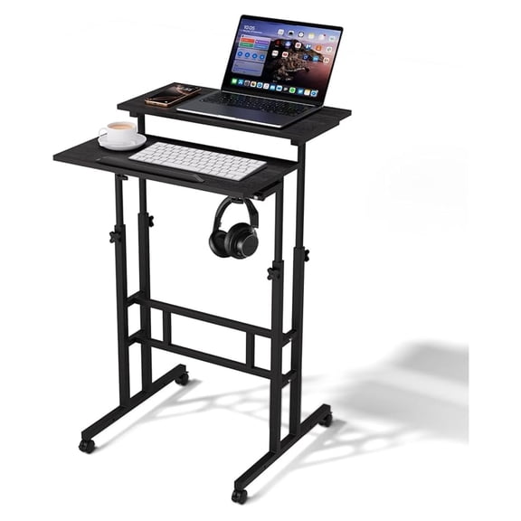 Standing Desk with Wheels, Height Adjustment from 28" to 46" Sit to Stand Up, Mobile Computer Desk, Rolling Laptop Cart for Home Office Walking Pad Writing and Gaming, Black