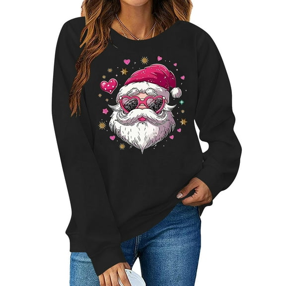 Cadancy Christmas Shirts for Women 2025 Trendy Long Sleeve Pullover Cute Santa Claus Print Sweatshirts Crewneck Funny Xmas Holiday Party Tops Loose Winter Clothes