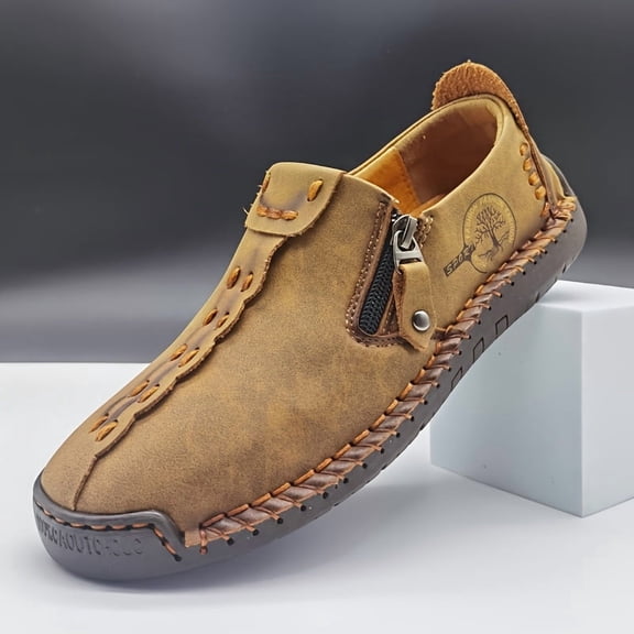 Men'S Vintage Loafers - Handmade Synthetic Shoes with Zipper Closure, Round Toe & Rubber Sole, Brown & Black Design for Casual & Formal Wear, Formal Footwear, Durable Footwear