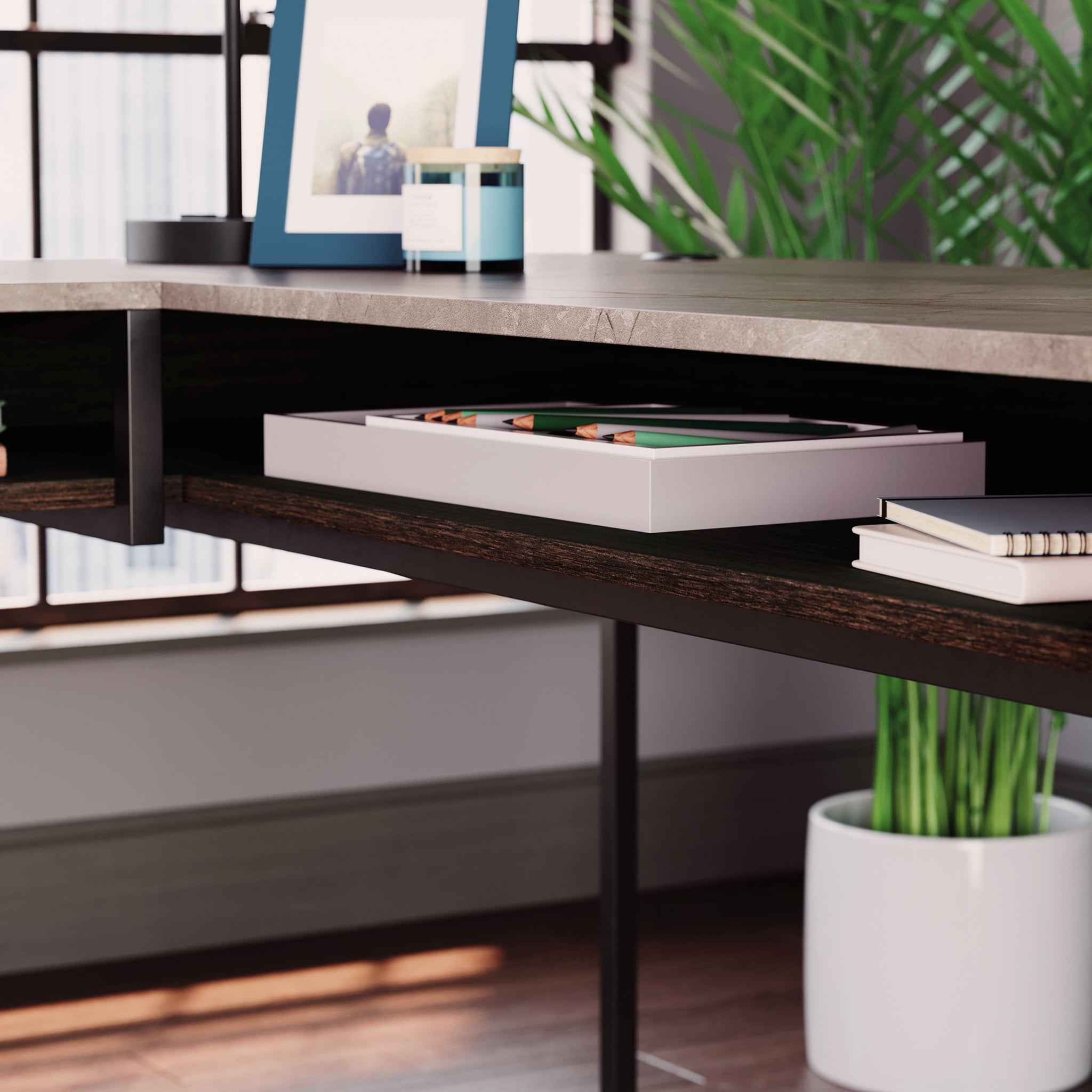 Sauder International Lux L-Shape Desk, Deco Stone Finish