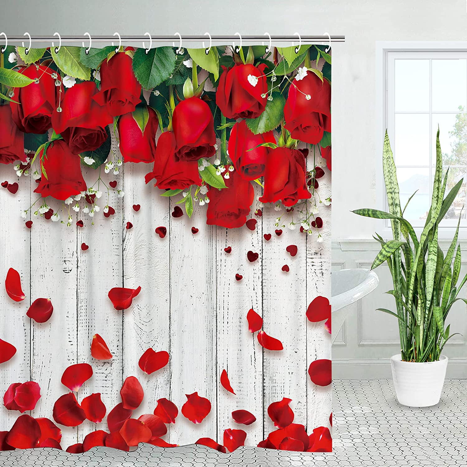 Rose Shower Curtain, Red Rose Shower Curtain Set with 12 Hooks