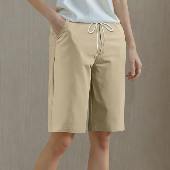 Feancey Knee Length Athletic Shorts Women Summer Bermuda Shorts Drawstring High Waist Plus Size Tennis Workout Shorts with Pockets Khaki 3XL