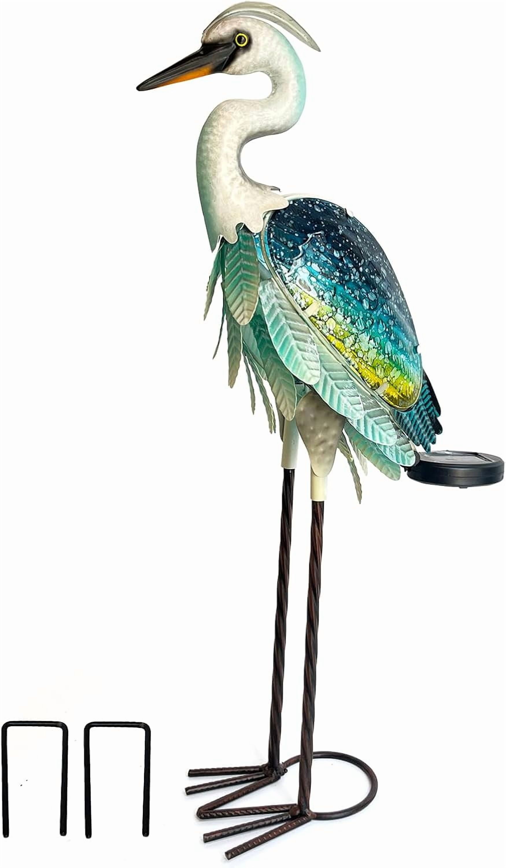 Solar Heron Metal Crane Statue Garden Heron Sculpture, Glass Outdoor Crane Yard Art Coastal Ocean Bird Decor 24 Inch Lawn Ornament for Backyard Porch Patio Decor（Green）