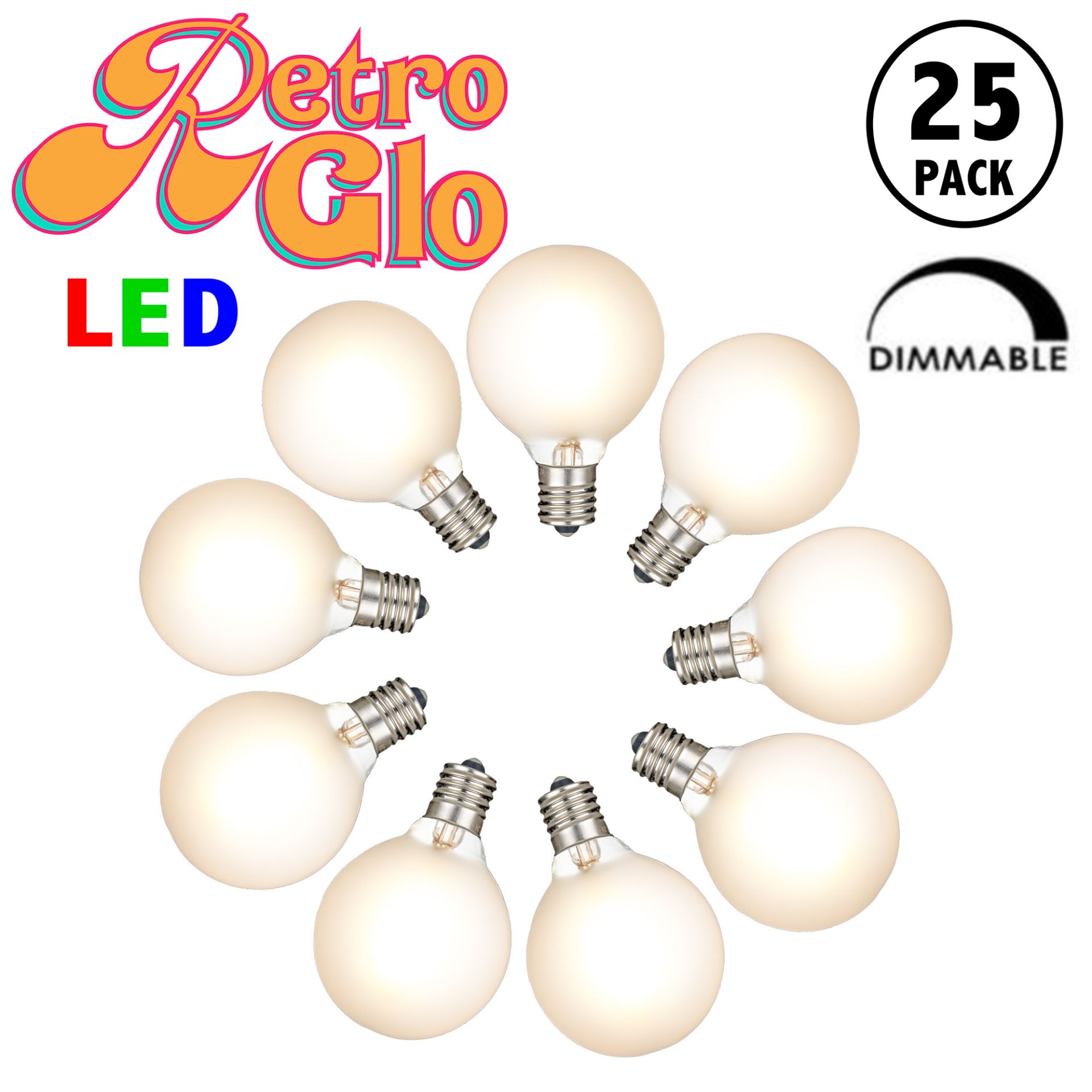 RetroGlo Satin Warm White G40 LED Globe Bulbs 25-Pack, Frosted Glass Bulbs, E12 Candelabra Base, 30,000 Hour Life, Indoor/Outdoor Rated
