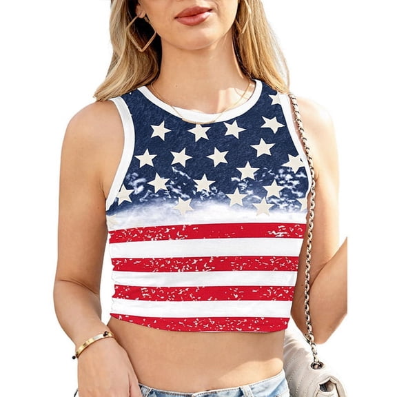 Color Cosplayer American USA Flag Crop Tank Tops for Women T Shirt Patriotic 4th of July Vest Tops B298-1005 L