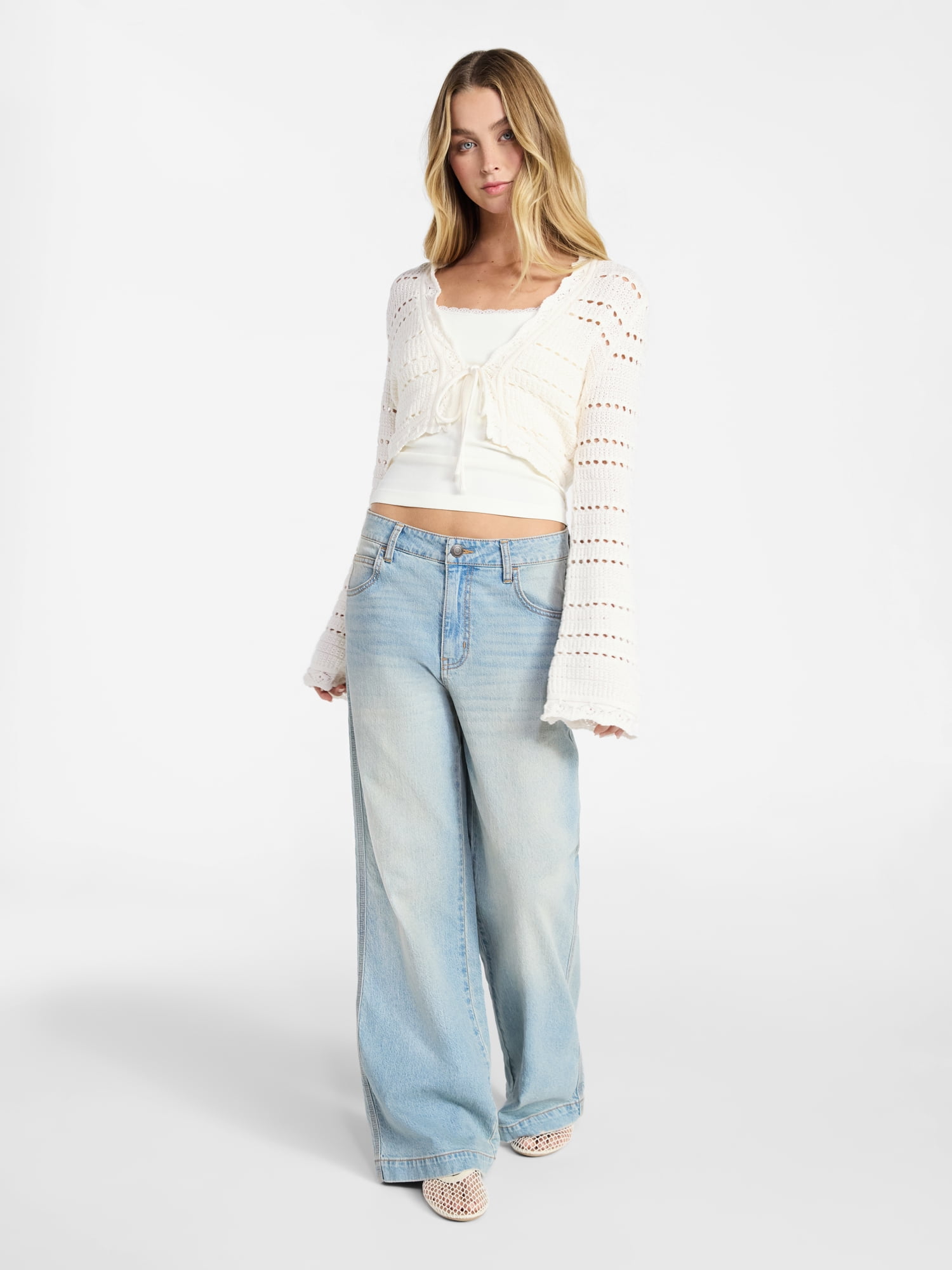 No Boundaries Tie Front Pointelle Cardigan, Women’s XXS-XXL