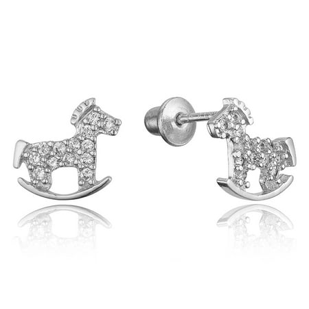 Sterling Silver Rhodium Plated Horse Cubic Zirconia Screwback Baby Girls Earrings