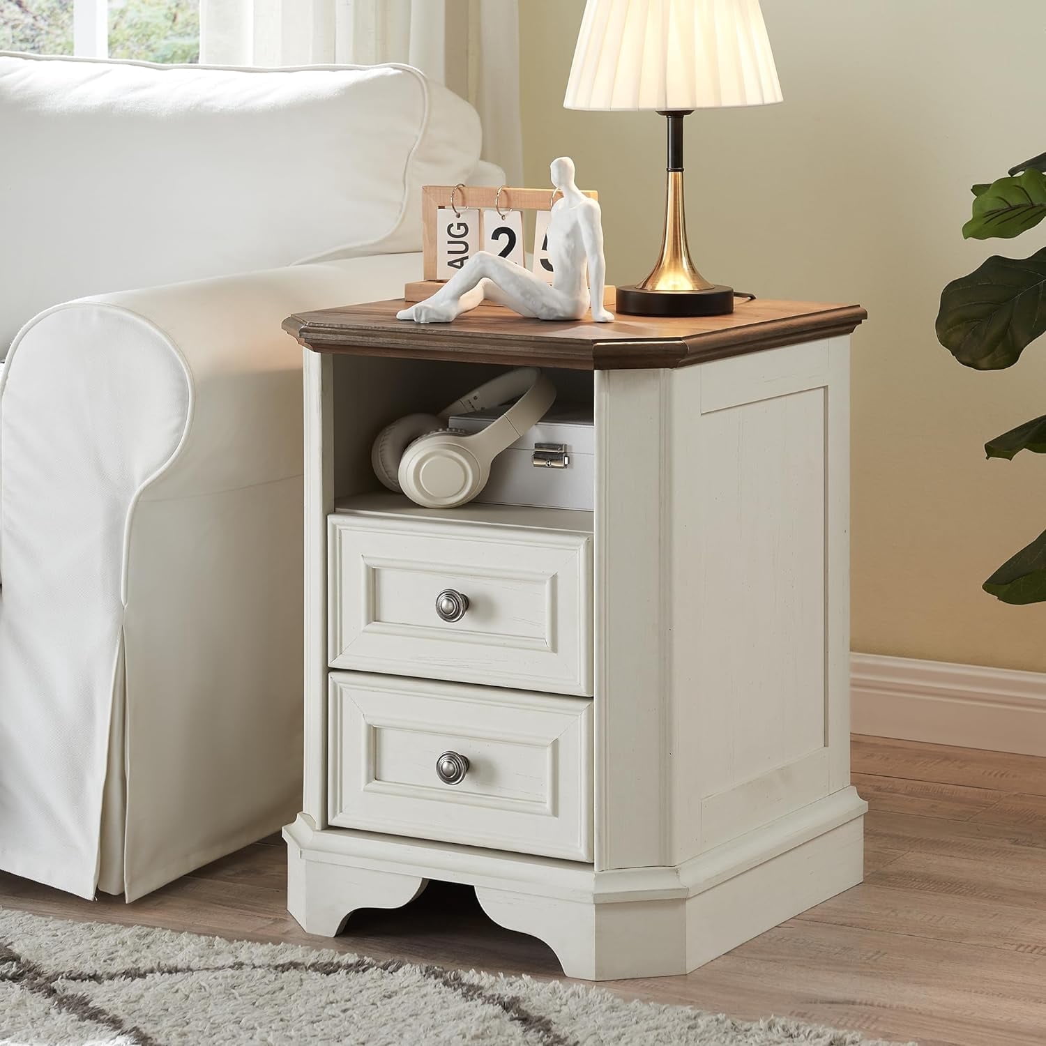 OKD 2-Drawer Nightstand with Charging Station, Farmhouse End Table with USB Ports for Living Room or Guest Room, Antique White