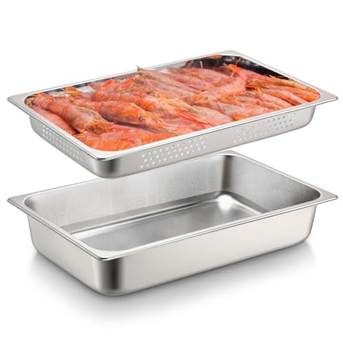 2 Pack Full Size Hotel Pans with Perforated Steam Pan, Stainless Steel Steam Table Pan Multifunctional Food Chafing Supplies for Restaurant Kitchen(Full Size, 2.5 Inches, 4 Inches)