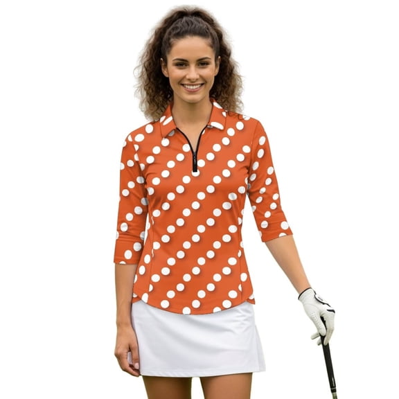 Uorisanigo White Polka Dots Women's Dry-Fit Golf Polo Shirts Casual Comfortable Long Sleeve Golf Polo Shirts Quarter Zip Fashion 3/4 Roll Sleeve Versatile Workout Tops for Women
