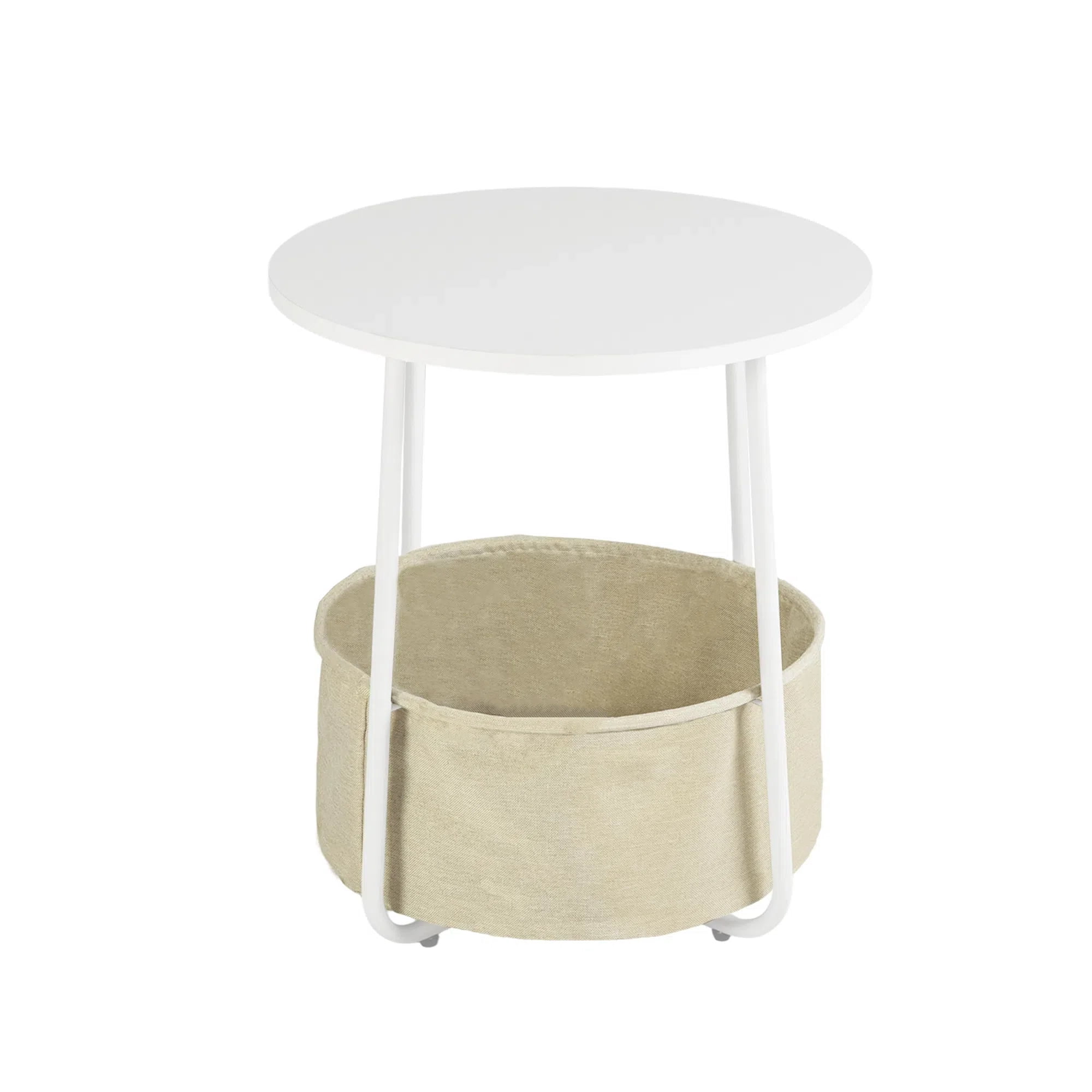 Small Round Side Table, Modern Nightstand with Fabric Storage Basket, U-Shaped Steel Frame End Table for Living Room Bedroom