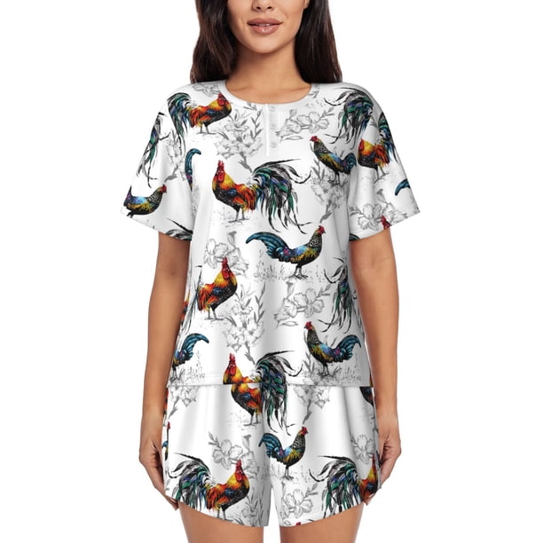 Balery Cool Chicken Conjunto de Pijama para Mujer con Estampado, Dos Piezas de Manga Corta y Shorts, Ropa de Dormir Suave con Cuello Redondo y Bolsillos-X-Large