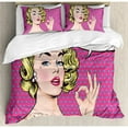 thumbnail image 3 of Vintage Duvet Cover Set King Size, Pop Art Blonde Woman Making OK Sign on Dotted Background Retro Comic Book Design, Decorative 3 Piece Bedding Set with 2 Pillow Shams, Multicolor, by Ambesonne, 3 of 3