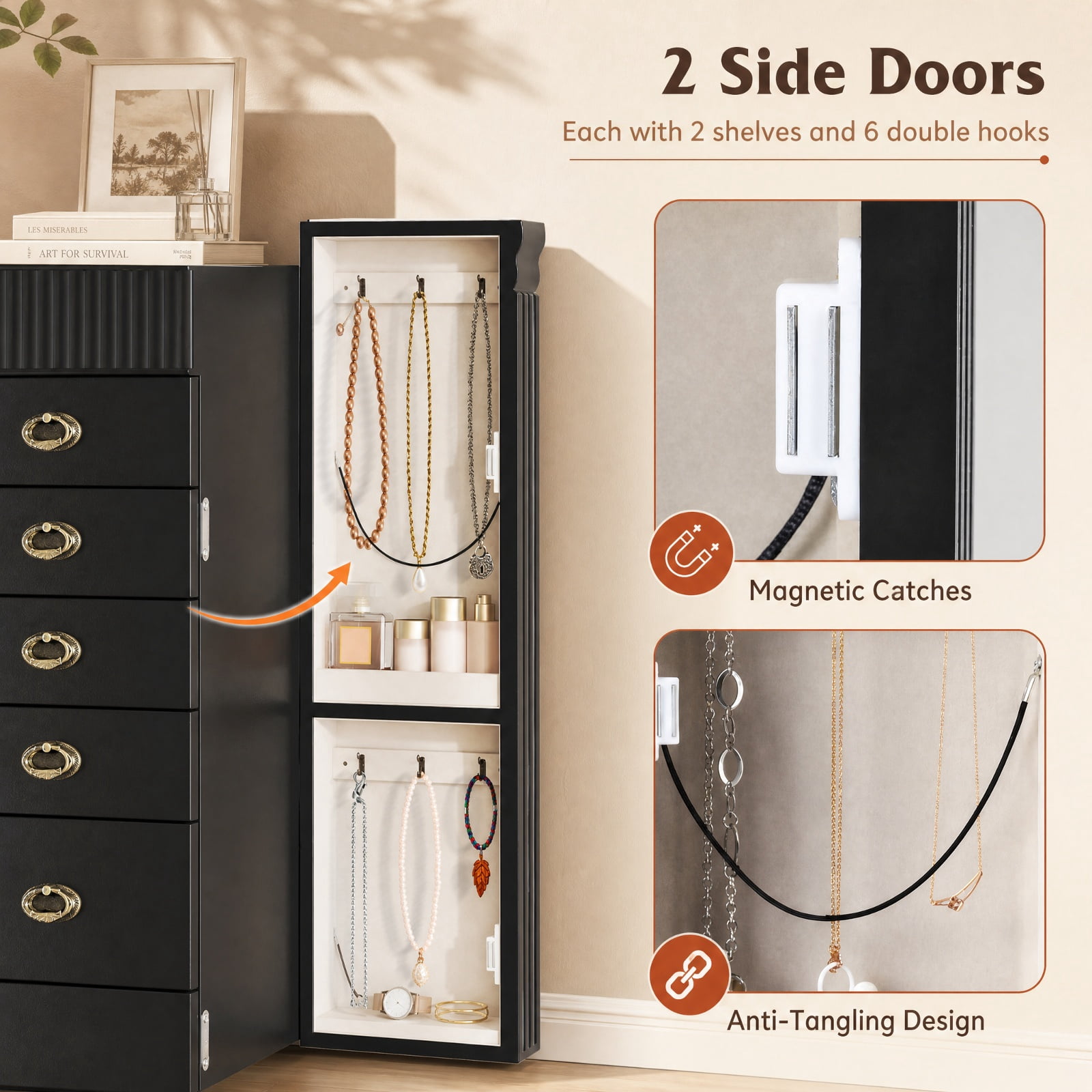 Furnibear Wooden Jewelry Armoire Cabinet Storage Chest with Drawers and Swing Doors for Bedroom Dressing Room Jewelry Necklace Rings Storage, Black
