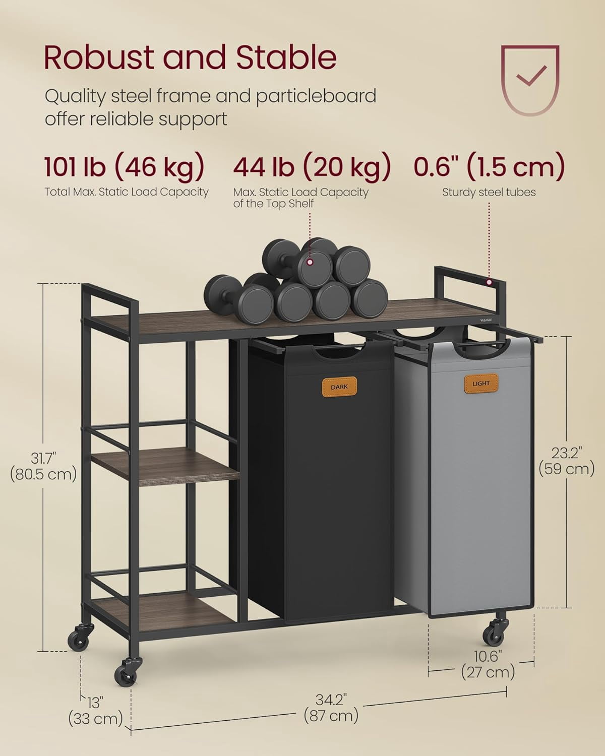 Laundry Hamper with 2 Compartments, 26.4 Gal. (100 L) Laundry Sorter, Rolling Laundry Cart 6 Labels, Chestnut Brown, Ink Black and Dove Gray