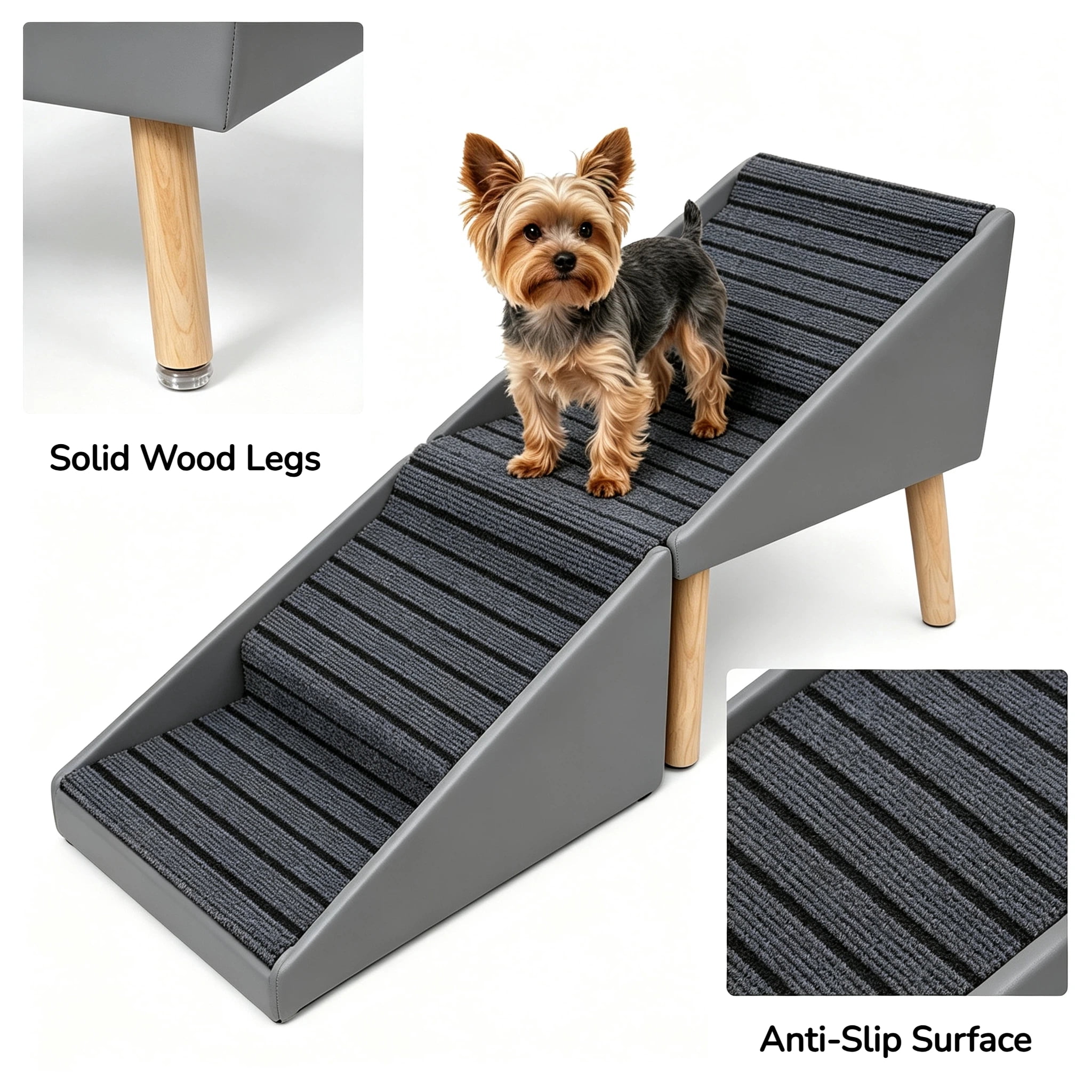 2-in-1 Dog Stairs for Bed and Couch 19.69" Foldable Dog Ramp for Couch 4 Pet Steps & Ottoman for Small Dogs, Grey