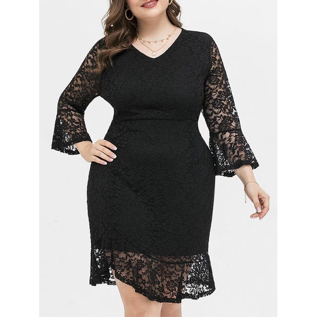 Vestido Volantes Manga Campana Talla Extra Rosegal Vestidos de encaje de talla grande