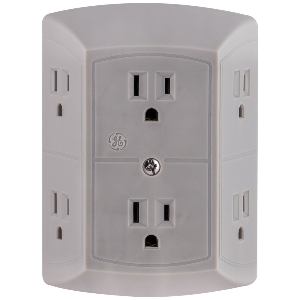 GE 6Outlet Power Adapter, Multi Outlet Wall Chager, Gray
