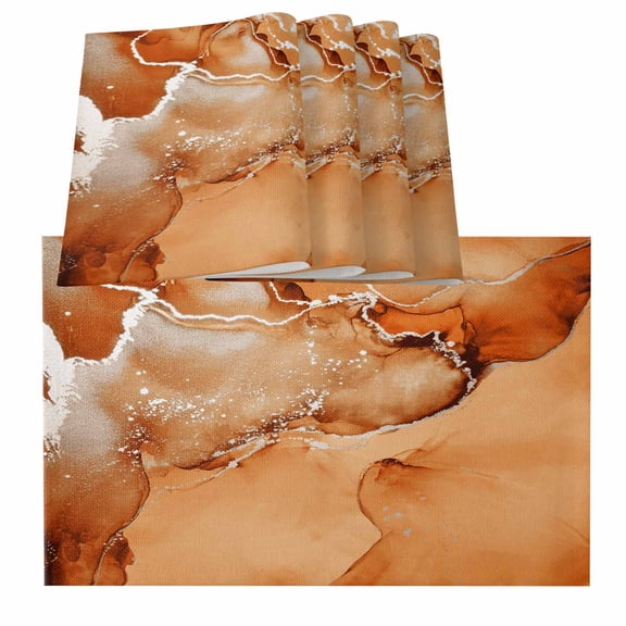 Marble Burnt Orange Placemats for Dinning Table Set of 4, Modern Abstract Ink Painting Luxury Burlap Kitchen Place Mats Waterproof Cloth Table Mats, Indoor Outdoor Placemats Easy Clean Dinner Decor