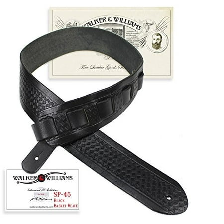 Hand Tooled Black Leather - Walker & Williams SP-45 Black Leather Guitar Strap Hand Tooled Police Pattern