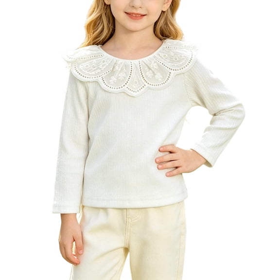 BRGZLK Toddler Girls Ribbed Long Sleeve T-Shirt Cute Solid Color Ruffle Collar Lace Patchwork Tshirts Tops Blouse for Casual Daily Kids Girls Fall Winter Clothes White 9-12 Months