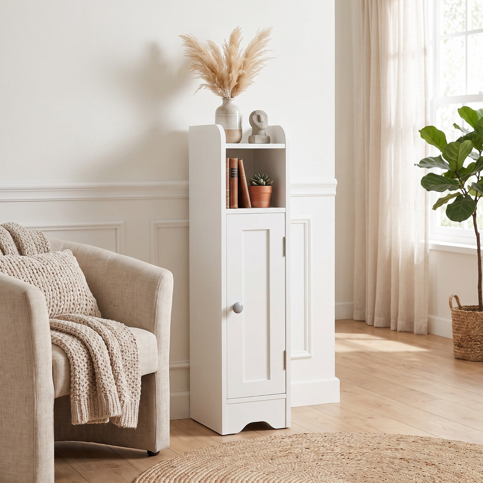 Vebreda Slim Freestanding Corner Bathroom Storage Cabinet with 1 Door & Adjustable Shelves, 5-Tier Narrow Floor Organizer with Anti-Tip Kit for Small Bathroom, White