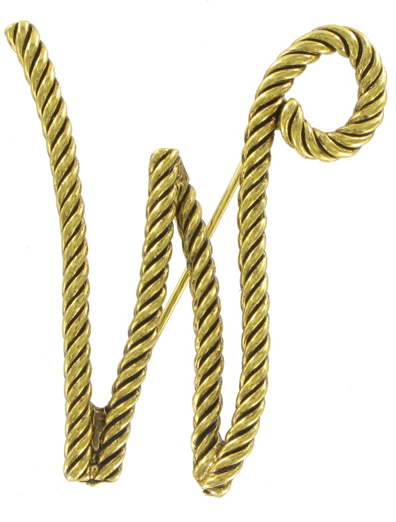 W Initial Pin Brooch Large Script Gold Tone Rope